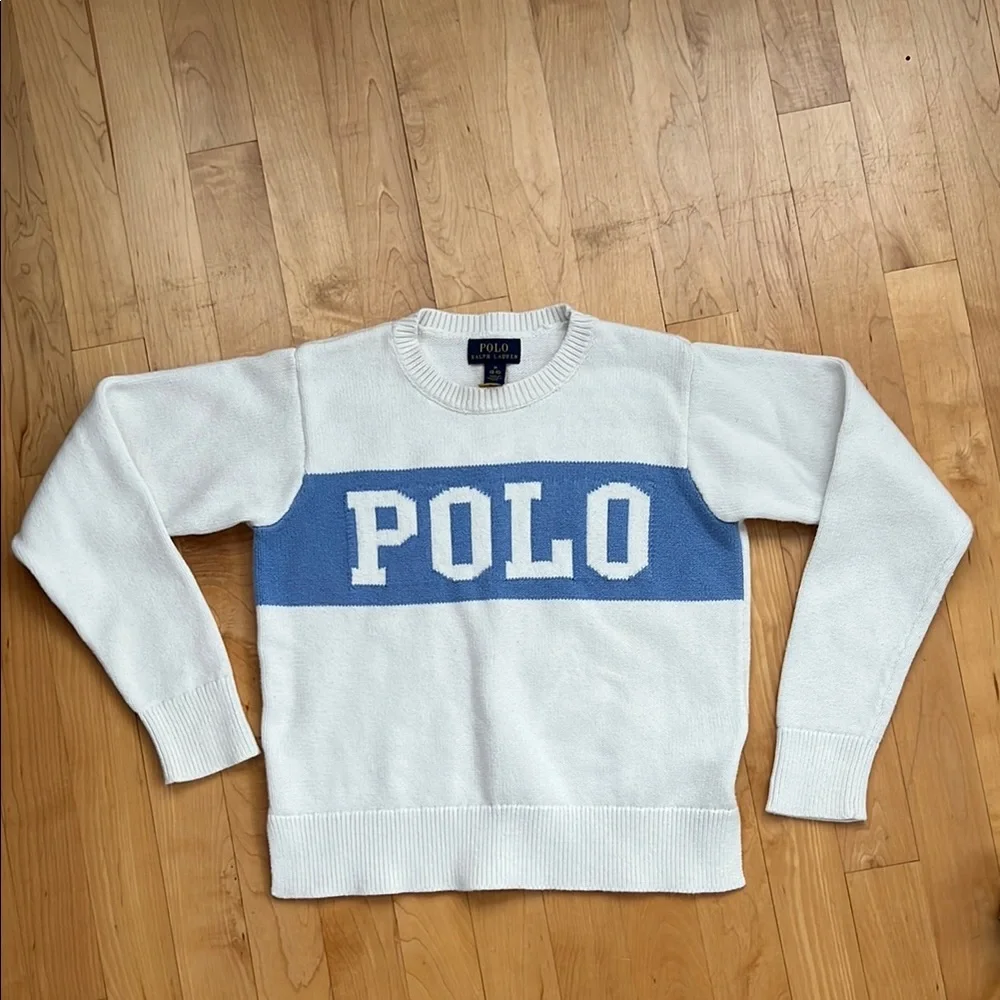 🏇M (8-10) Unisex White & Blue Logo Sweater by Polo by Ralph Lauren / Blue Label